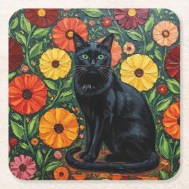 Porta-copo De Papel Quadrado Black Cat and Colorful Folk Art Flowers