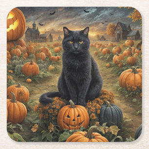 Porta-copo De Papel Quadrado Black Cat e Pumpkins do Halloween