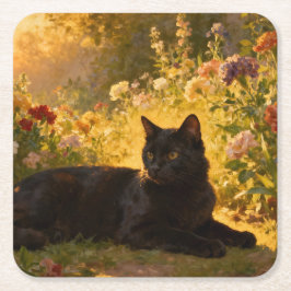 Porta-copo De Papel Quadrado Black Cat in the Flowers I