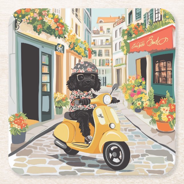 Porta-copo De Papel Quadrado Black Doodle Riding Scooter European City Streets (Frente)