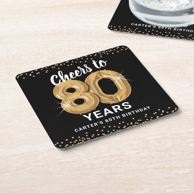 Porta-copo De Papel Quadrado Black Dourado Cheers to 80 Anos Aniversário (Inclinado)