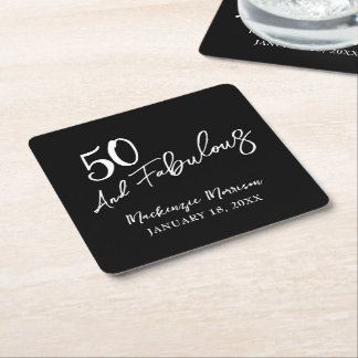 Porta-copo De Papel Quadrado Black Fifty and Fabulous Script Birthday Party