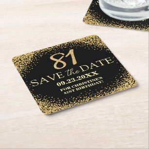 Porta-copo De Papel Quadrado Black Gold Glitter 81º Aniversário Salve a Data