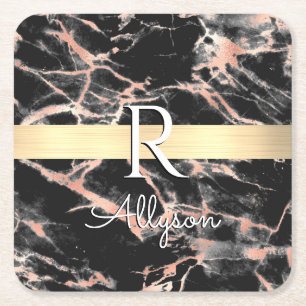 Porta-copo De Papel Quadrado Blc e Mármore Dourado Rosa Barra Dourada, Monogram