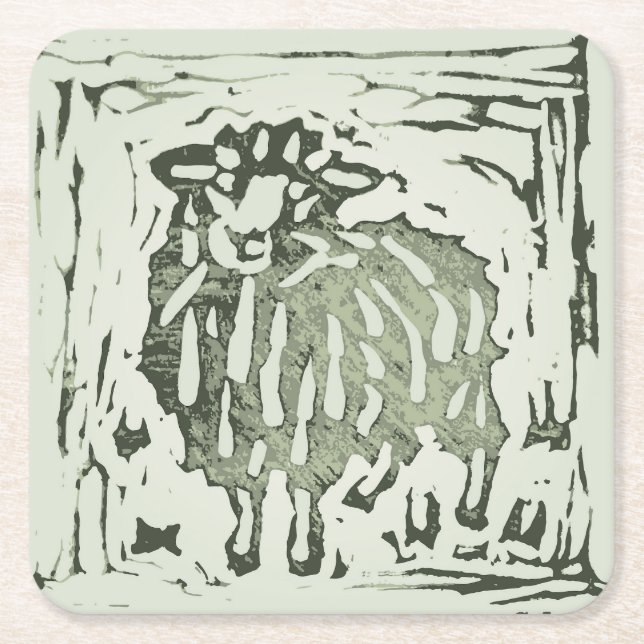 Porta-copo De Papel Quadrado Block Print Sheep Donkey Quilt - green sheep. (Frente)