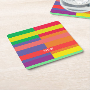 Porta-copo De Papel Quadrado Bloqueio de cor Stripe Monograma Nome Arco-íris