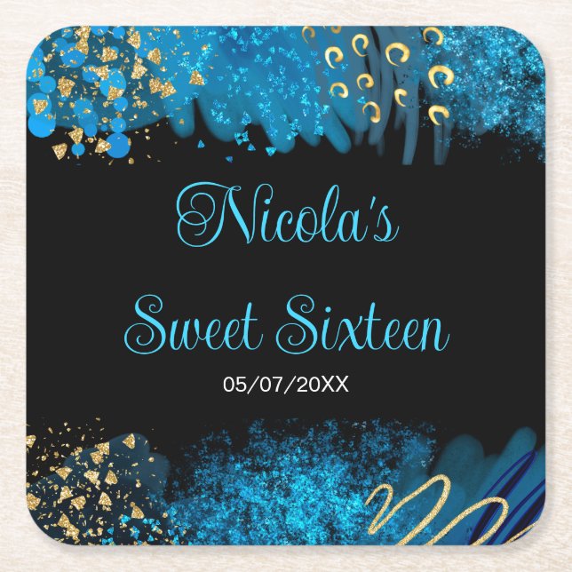Porta-copo De Papel Quadrado Blue Alcohol Ink Sweet 16 Birthday Party (Frente)