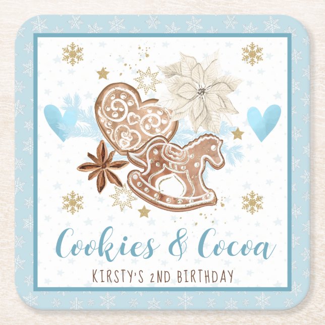 Porta-copo De Papel Quadrado Blue Cookies & Cocoa 2nd Birthday Party (Frente)