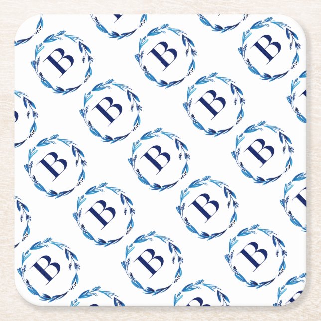 Porta-copo De Papel Quadrado Blue Floral Wreath 'B' (Frente)