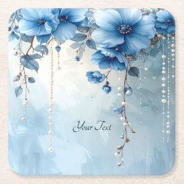 Porta-copo De Papel Quadrado Blue Flowers and Pearls Paper Coaster