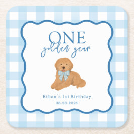 Porta-copo De Papel Quadrado Blue Gingham One Golden Year First Birthday