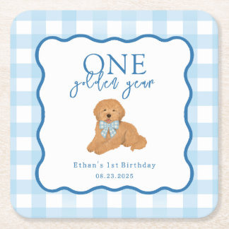 Porta-copo De Papel Quadrado Blue Gingham One Golden Year First Birthday