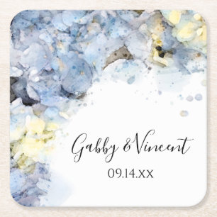 Porta-copo De Papel Quadrado Blue Hydrangea Flowers Watercolor Casamento