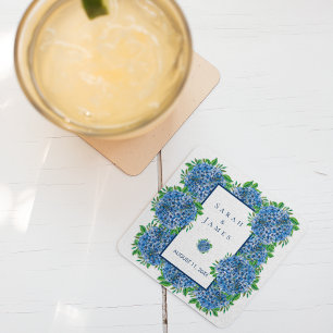 Porta-copo De Papel Quadrado Blue Hydrangeas Watercolor Favor de Casamento