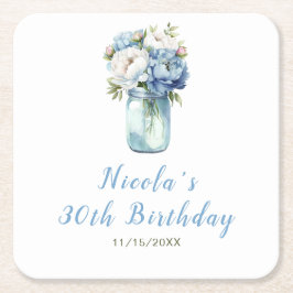 Porta-copo De Papel Quadrado Blue Peonies Mason Jar Birthday