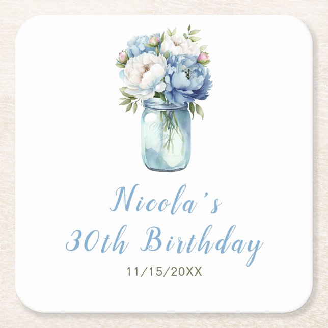 Porta-copo De Papel Quadrado Blue Peonies Mason Jar Birthday (Frente)