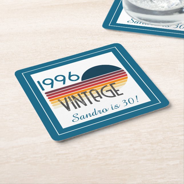 Porta-copo De Papel Quadrado Blue Retro Sun 1996 Photo 30th Birthday Stripe  (Inclinado)