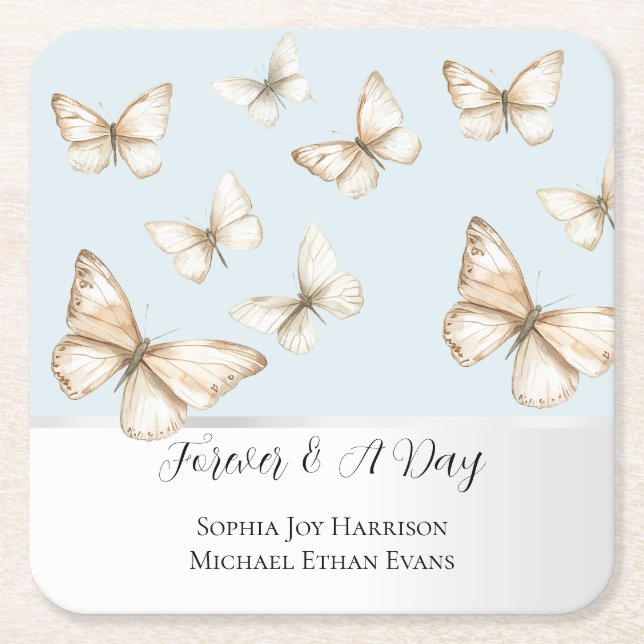 Porta-copo De Papel Quadrado Blue Skies & Butterflies Wedding  (Frente)