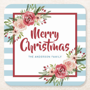 Porta-copo De Papel Quadrado Blue Stripes Watercolor Flores Natal