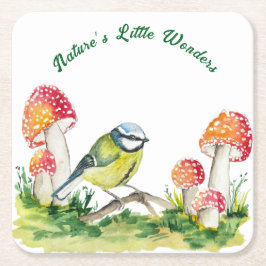 Porta-copo De Papel Quadrado Blue Tit and Fly Agaric in a Forest Clearing