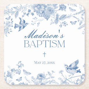 Porta-copo De Papel Quadrado Blue Toile De Jouy Vintage Baptism Floral