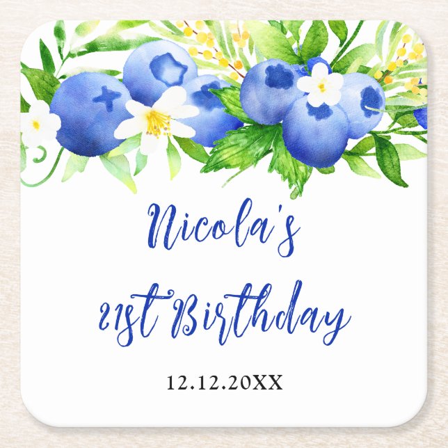 Porta-copo De Papel Quadrado Blueberry Floral Birthday (Frente)
