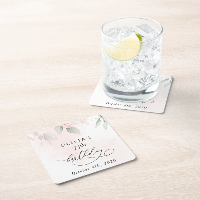 Porta-copo De Papel Quadrado Blush Flowers, Pink Flowers, Boho, Birthday (Insitu)