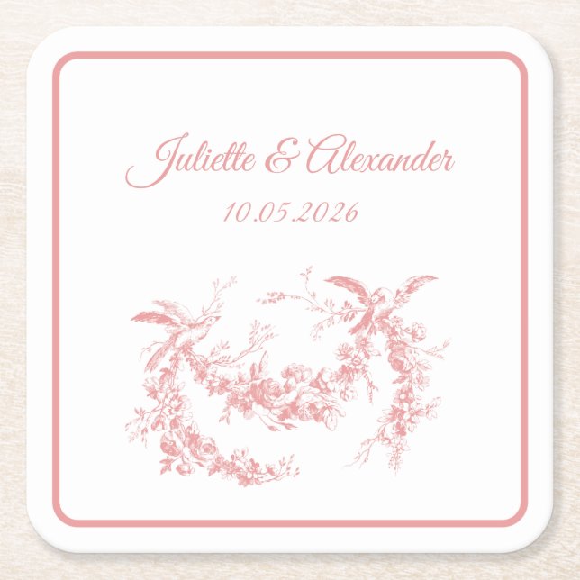 Porta-copo De Papel Quadrado Blush Pink Toile de Jouy Wedding Paper Coasters (Frente)