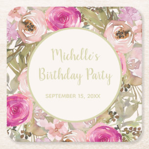 Porta-copo De Papel Quadrado Blush Rosa Floral Sage Folhas Verdes Aniversário