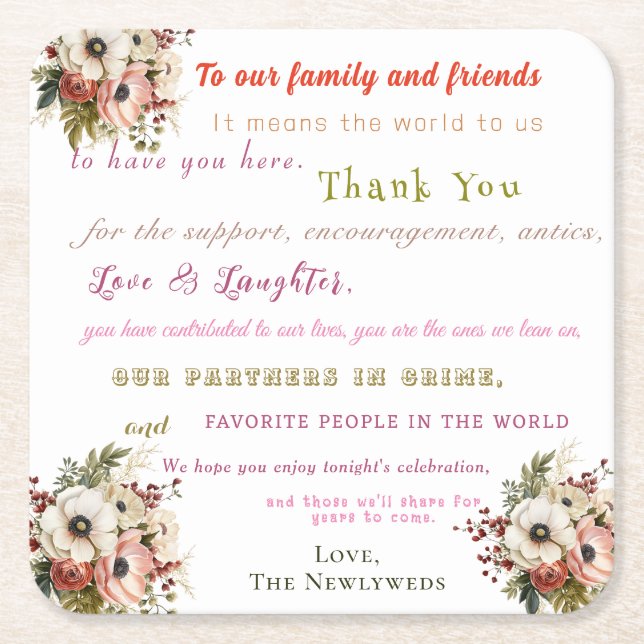 Porta-copo De Papel Quadrado Boas-vindas ao casamento divertido (Frente)