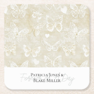 Porta-copo De Papel Quadrado Bodas Borboletas Corações Creme Marfim Lindas
