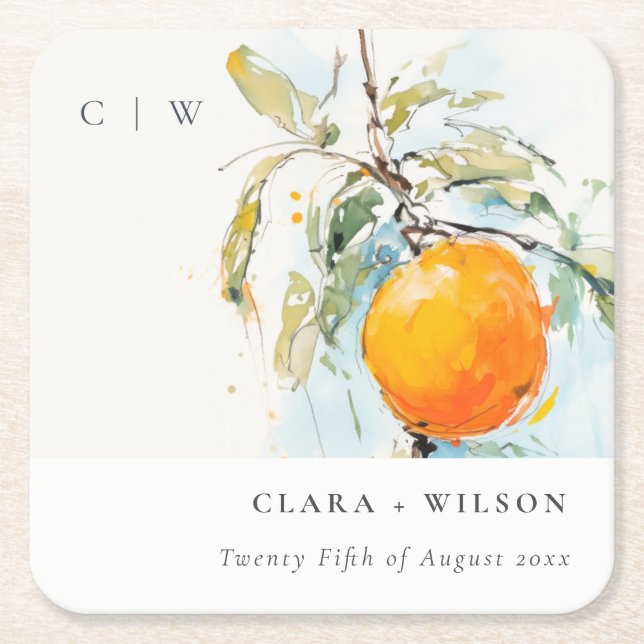 Porta-copo De Papel Quadrado Boho Abstrato Sketchy Orange Garden Casamento (Frente)