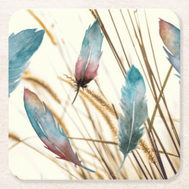 Porta-copo De Papel Quadrado Boho Aquarela Azul-Verde & Rosas Penas e Grama