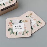 Porta-copo De Papel Quadrado Boho Blooms Modern Floral Wedch Monograma<br><div class="desc">As portas copos de boho chic apresentam uma borda de aquarela quadrada de folhagem botânica verde de sábado e flores de tons de terra pastel em tons de pêssego, marfim e branco, moldando suas iniciais ou monograma e data de evento em letras modernas. Projetado para coordenar com nosso casamento e...</div>