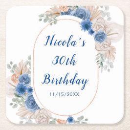 Porta-copo De Papel Quadrado Boho Blue Pampas Grass Birthday