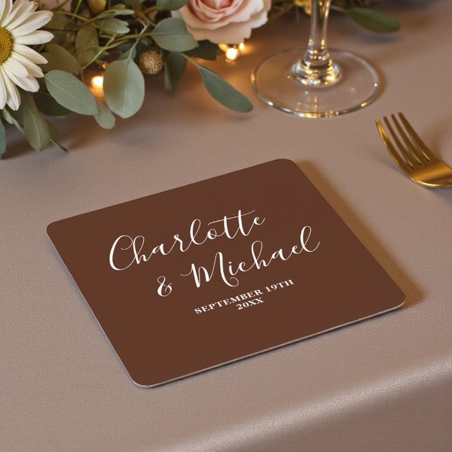Porta-copo De Papel Quadrado Boho Brown Script Minimalist Wedding (Criador carregado)