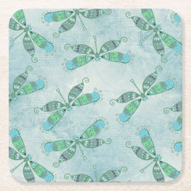 Porta-copo De Papel Quadrado Boho Dragonflies em azul (Frente)