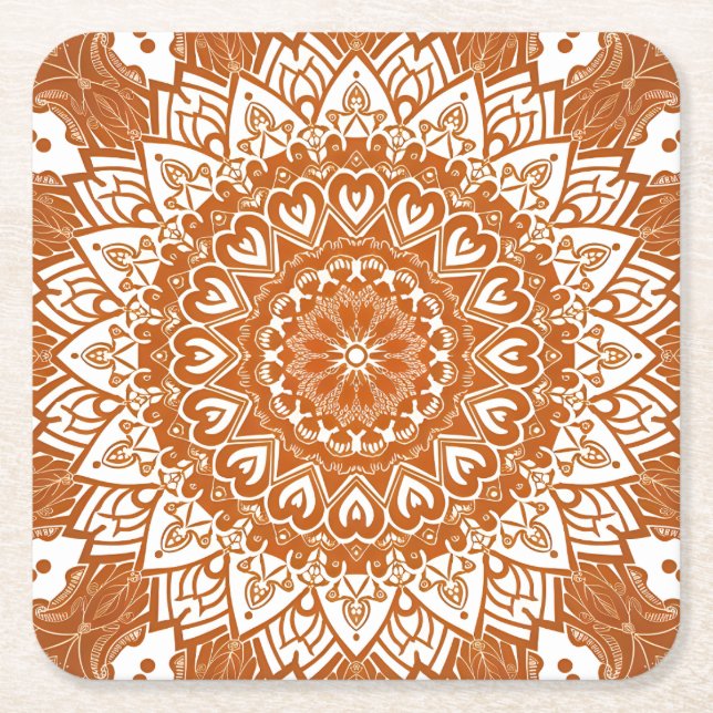 Porta-copo De Papel Quadrado Boho Eclectic Tibetano inspirou Orange Mandala (Frente)