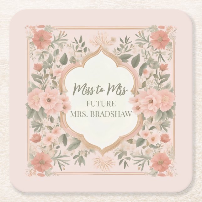 Porta-copo De Papel Quadrado Boho Floral Rosa (Frente)