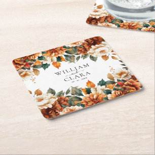 Porta-copo De Papel Quadrado Boho Floral Terracotta Watercolor Casamento