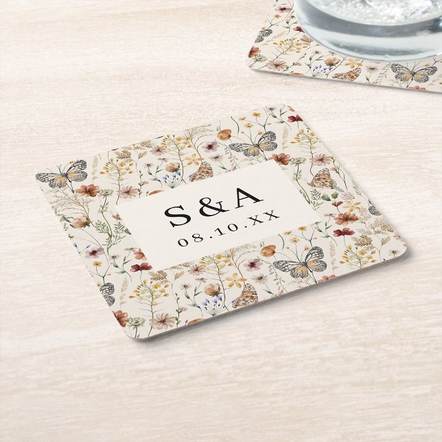 Porta-copo De Papel Quadrado Boho Floral Wedding (Tan Wildflower with Butterflies Boho Floral Wedding Square Paper Coaster by Painted Paperie
)