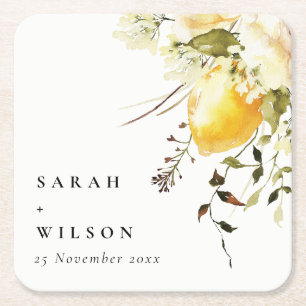 Porta-copo De Papel Quadrado Boho Lemon Yellow Watercolor Casamento Floral