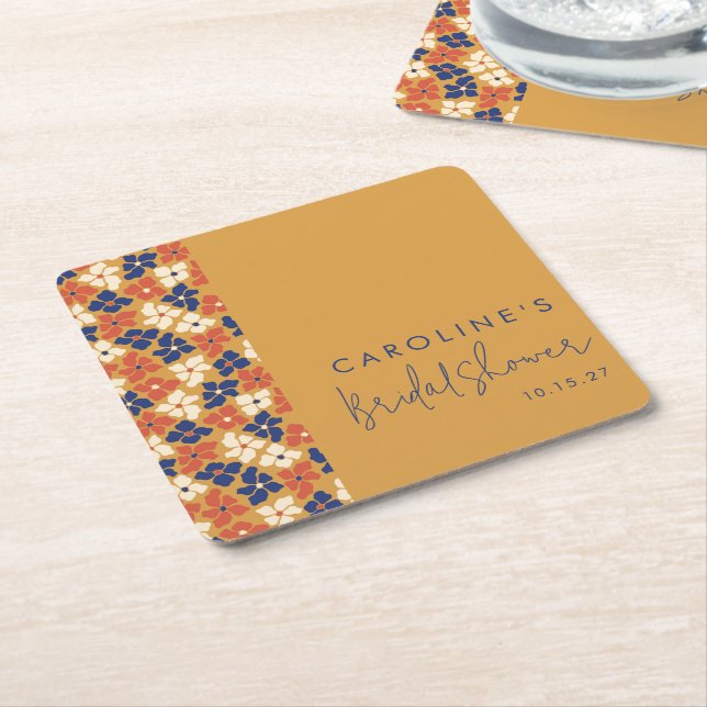 Porta-copo De Papel Quadrado Boho Mostarda Azul Botânico Chá de Noiva Personali (Inclinado)