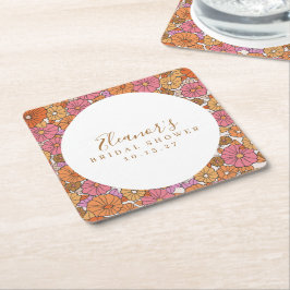 Porta-copo De Papel Quadrado Boho Script Ocre Rosa Floral Chás de Noiva Persona