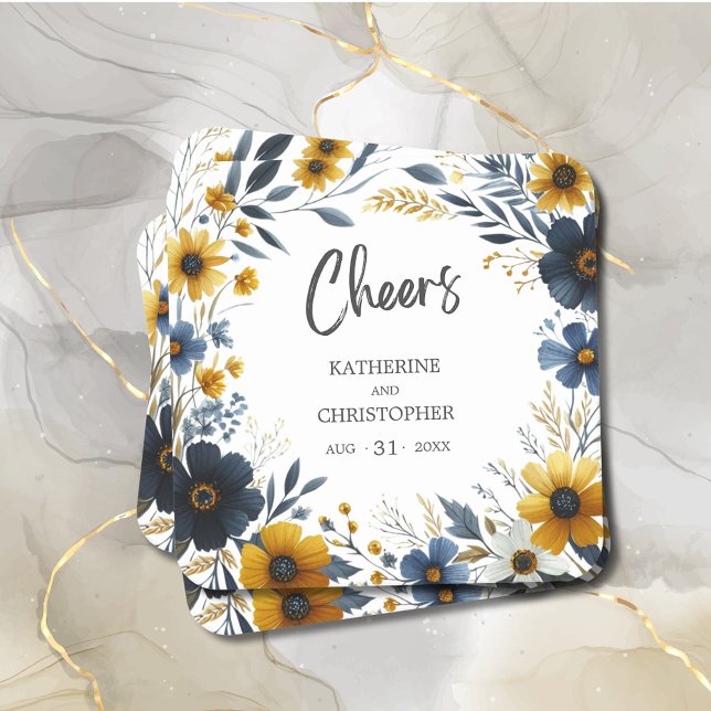 Porta-copo De Papel Quadrado Bois Amarelo Azul Flores Selvagens Elegante (Cheers Wildflower Wedding Coast with Blue and Yellow Wildflowers, wedding details.)