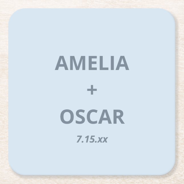 Porta-copo De Papel Quadrado Bold Soft Blue Modern Wedding Names Date Custom (Frente)