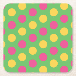 Porta-copo De Papel Quadrado Bolinhas no Verde limão rosa-quente e amarelo
