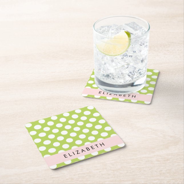 Porta-copo De Papel Quadrado Bolinhas Verdes, Padrão de Bolinhas, Seu Nome (Insitu)