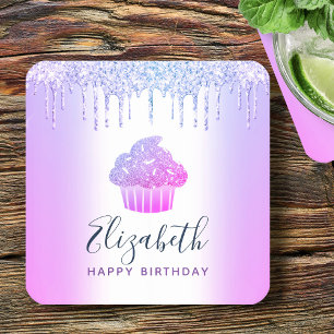 Porta-copo De Papel Quadrado Bolo de aniversário roxo com brilho monograma nome
