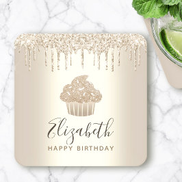Porta-copo De Papel Quadrado Bolo de copo com nome em dourado brilha gota de pu